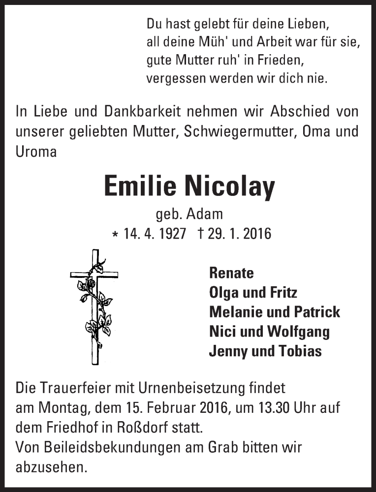  Traueranzeige für Emilie Nicolay vom 12.02.2016 aus trauer.echo-online.de