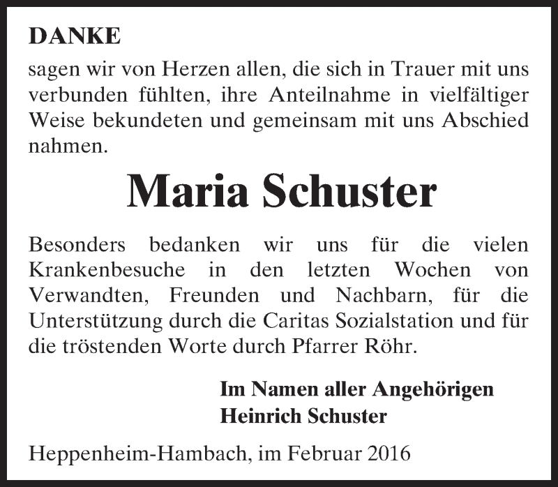  Traueranzeige für Maria Schuster vom 27.02.2016 aus trauer.echo-online.de