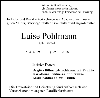 Traueranzeige von Luise Pohlmann von trauer.echo-online.de