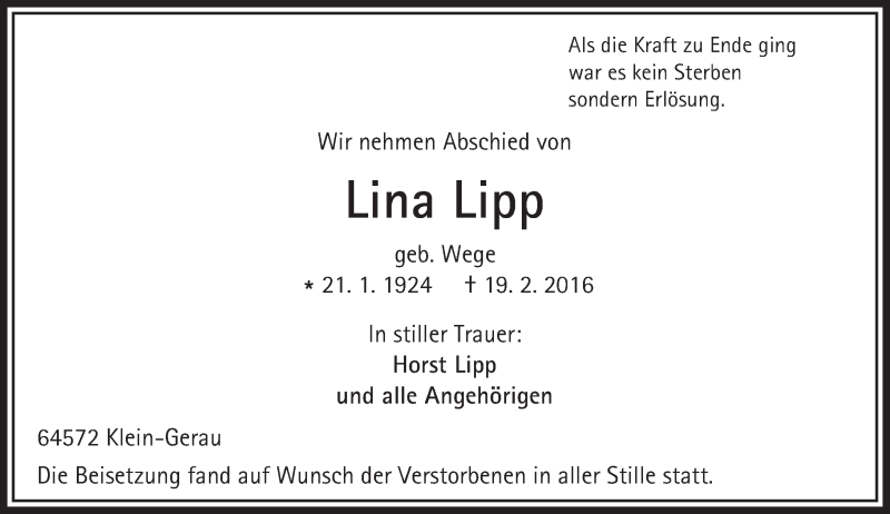  Traueranzeige für Lina Lipp vom 26.02.2016 aus trauer.echo-online.de