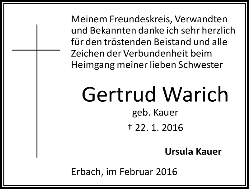 Traueranzeige für Gertrud Warich vom 19.02.2016 aus trauer.echo-online.de
