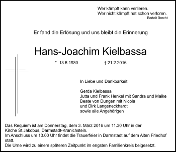 Traueranzeige von Hans-Joachim Kielbassa von trauer.echo-online.de