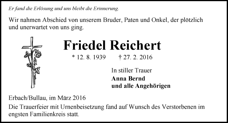  Traueranzeige für Friedel Reichert vom 19.03.2016 aus trauer.echo-online.de
