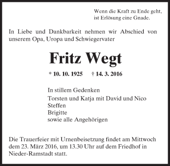 Traueranzeige von Fritz Wegt von trauer.echo-online.de