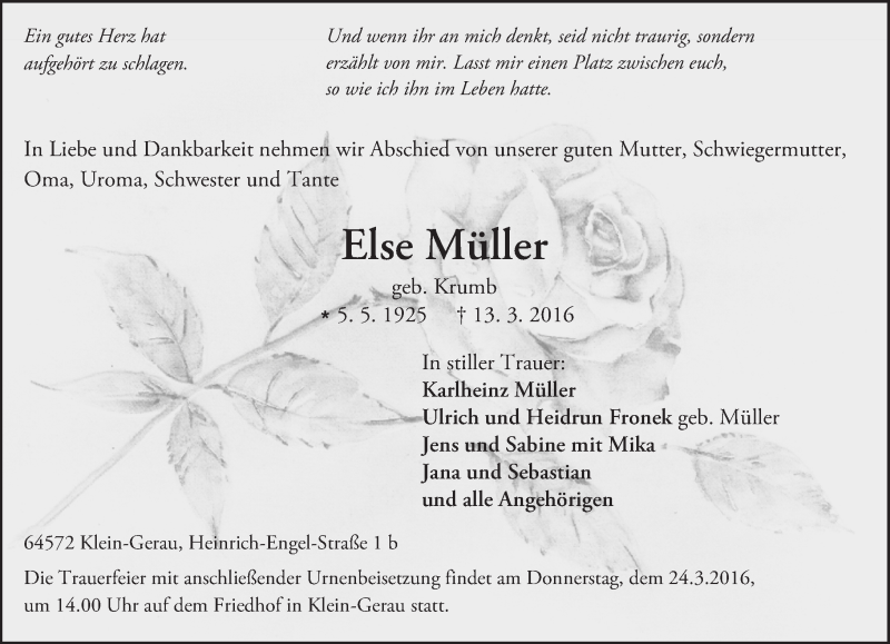  Traueranzeige für Else Müller vom 19.03.2016 aus trauer.echo-online.de