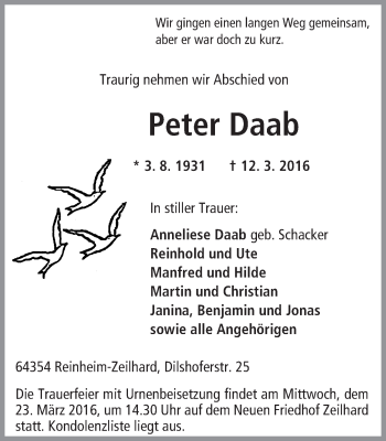 Traueranzeige von Peter Daab von trauer.echo-online.de