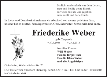 Traueranzeige von Friederike Weber von trauer.echo-online.de