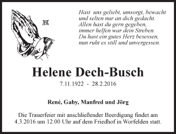 Traueranzeige von Helene Dech-Busch von trauer.echo-online.de