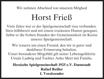 Traueranzeige von Horst Frieß von trauer.echo-online.de