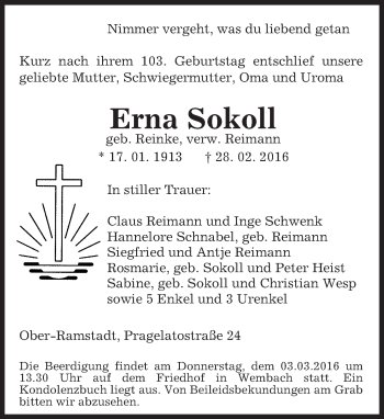 Traueranzeige von Erna Sokoll von trauer.echo-online.de