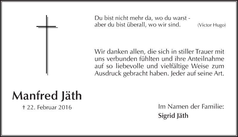  Traueranzeige für Manfred Jäth vom 19.03.2016 aus trauer.echo-online.de