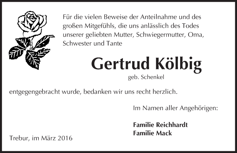  Traueranzeige für Gertrud Kölbig vom 24.03.2016 aus trauer.echo-online.de