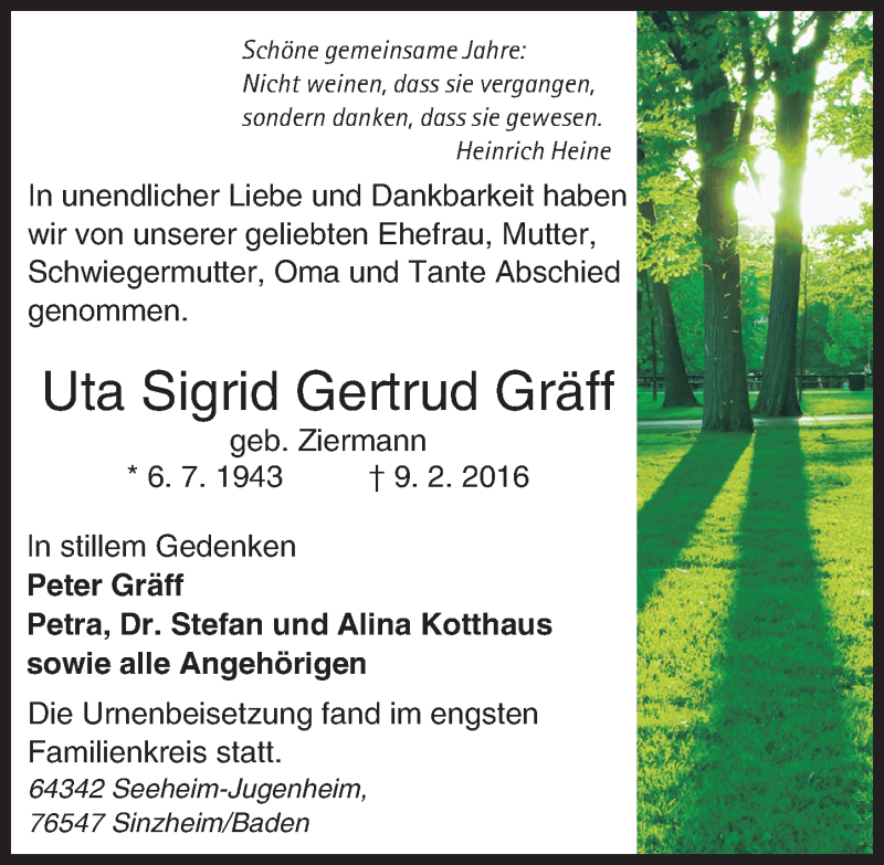  Traueranzeige für Uta Sigrid Gertrud Gräff vom 05.03.2016 aus trauer.echo-online.de
