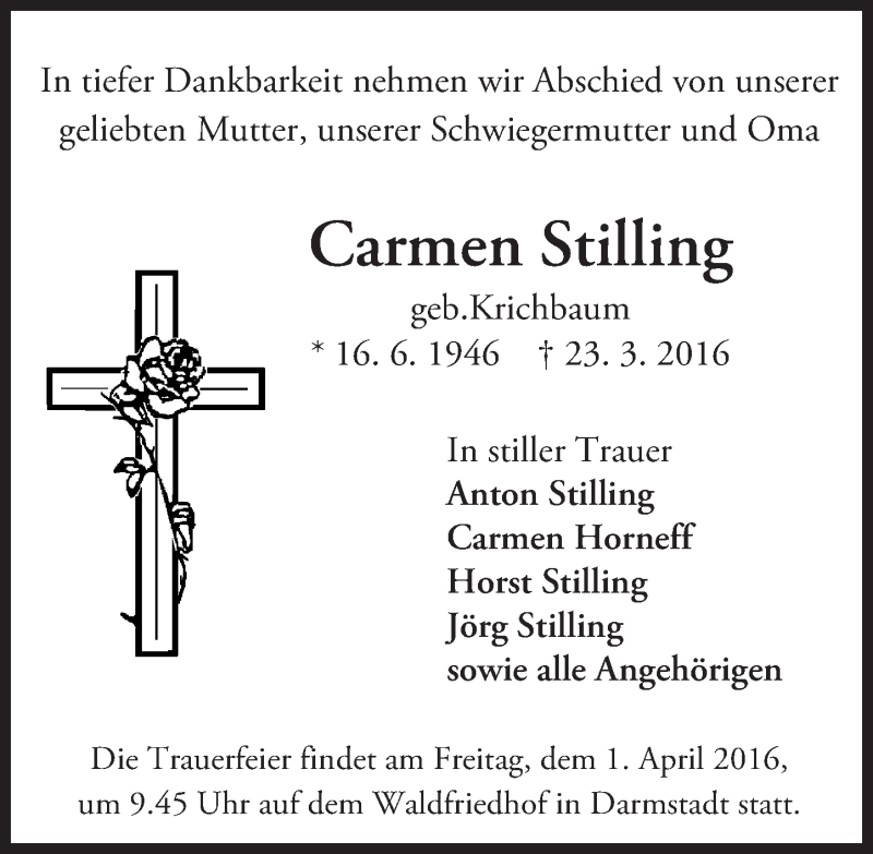  Traueranzeige für Carmen Stilling vom 31.03.2016 aus trauer.echo-online.de