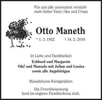 Traueranzeige von Otto Maneth von trauer.echo-online.de