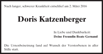 Traueranzeige von Doris Katzenberger von trauer.echo-online.de