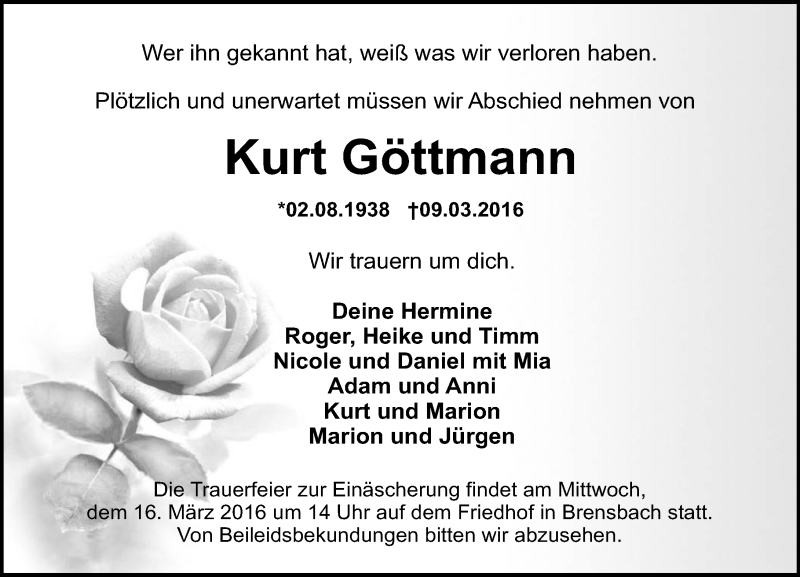  Traueranzeige für Kurt Göttmann vom 14.03.2016 aus trauer.echo-online.de