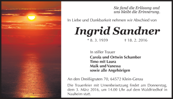 Traueranzeige von Ingrid Sandner von trauer.echo-online.de