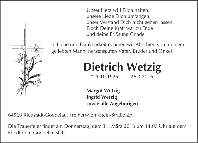  Traueranzeige für Dietrich Wetzig vom 30.03.2016 aus trauer.echo-online.de
