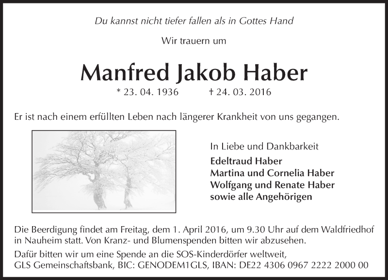  Traueranzeige für Manfred Jakob Haber vom 30.03.2016 aus trauer.echo-online.de