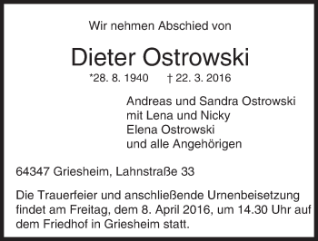 Traueranzeige von Dieter Ostrowski von trauer.echo-online.de
