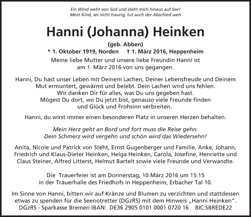  Traueranzeige für Hanni Heinken vom 05.03.2016 aus trauer.echo-online.de