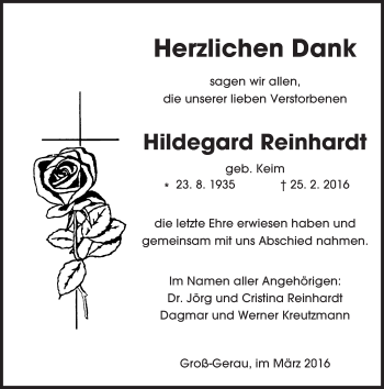 Traueranzeige von Hildegard Reinhardt von trauer.echo-online.de