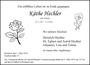 Traueranzeige von Käthe Hechler von trauer.echo-online.de