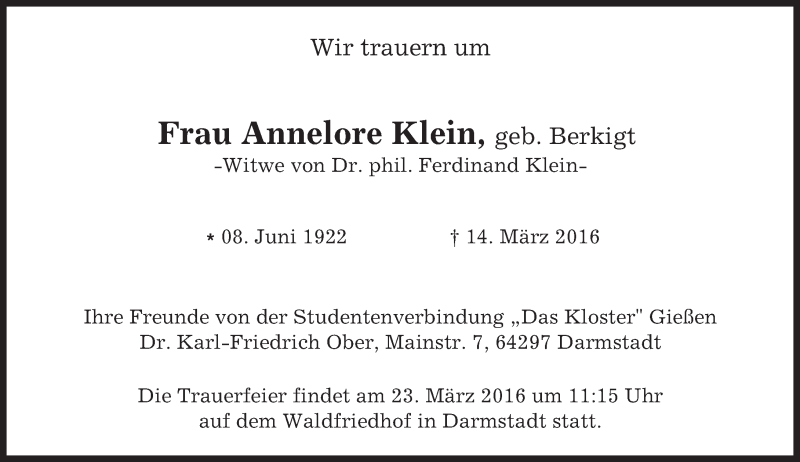  Traueranzeige für Annelore Klein vom 19.03.2016 aus trauer.echo-online.de