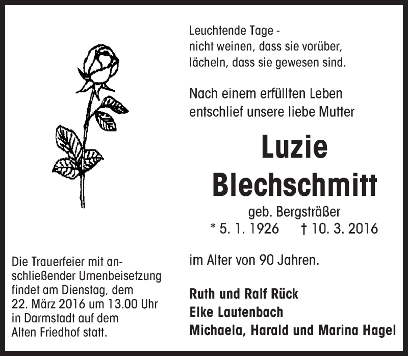  Traueranzeige für Luzie Blechschmitt vom 19.03.2016 aus trauer.echo-online.de