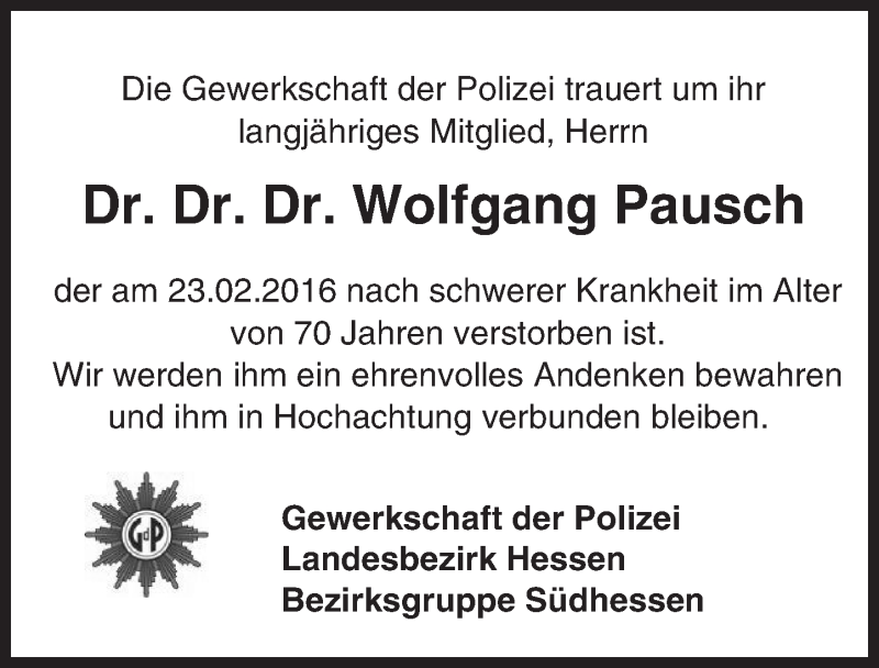  Traueranzeige für Wolfgang Pausch vom 07.03.2016 aus trauer.echo-online.de