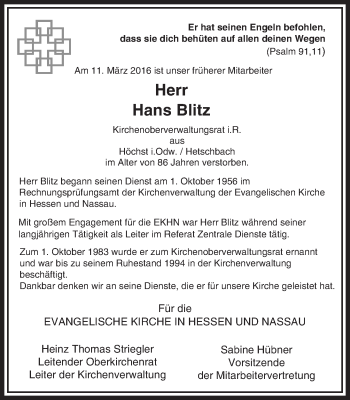 Traueranzeige von Hans Blitz von trauer.echo-online.de
