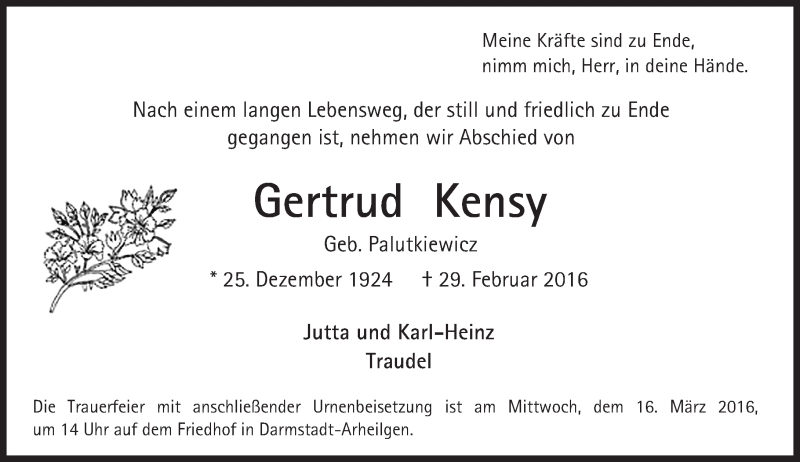  Traueranzeige für Gertrud Kensy vom 12.03.2016 aus trauer.echo-online.de