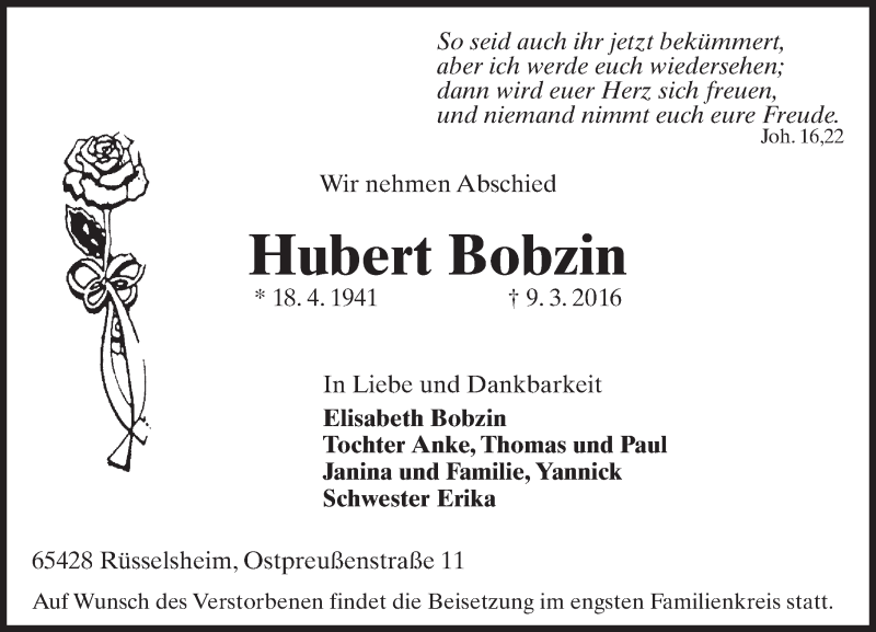  Traueranzeige für Hubert Bobzin vom 18.03.2016 aus trauer.echo-online.de