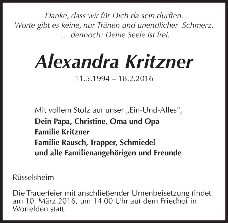  Traueranzeige für Alexandra Kritzner vom 05.03.2016 aus trauer.echo-online.de