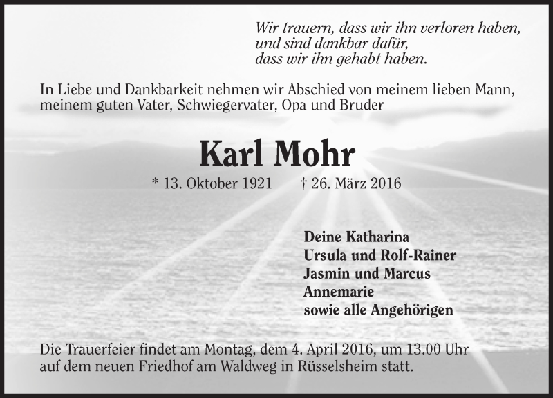  Traueranzeige für Karl Mohr vom 31.03.2016 aus trauer.echo-online.de