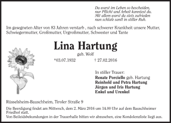 Traueranzeige von Lina Hartung von trauer.echo-online.de
