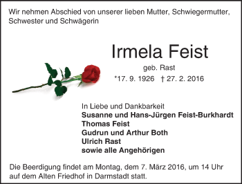 Traueranzeige von Irmela Feist von trauer.echo-online.de