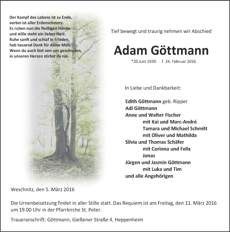  Traueranzeige für Adam Göttmann vom 05.03.2016 aus trauer.echo-online.de