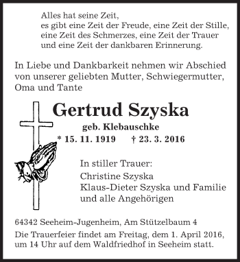 Traueranzeige von Gertrud Szyska von trauer.echo-online.de