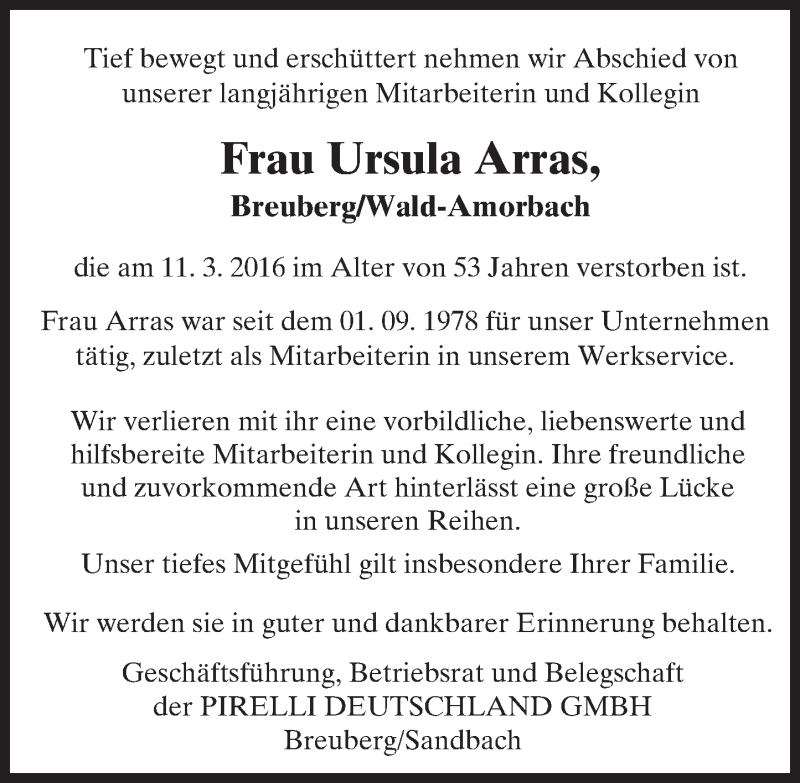  Traueranzeige für Ursula Arras vom 23.03.2016 aus trauer.echo-online.de
