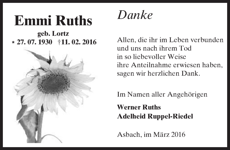  Traueranzeige für Emmi Ruths vom 05.03.2016 aus trauer.echo-online.de