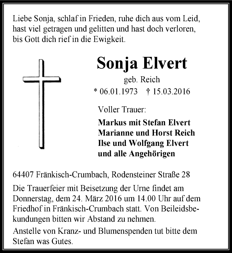  Traueranzeige für Sonja Elvert vom 22.03.2016 aus trauer.echo-online.de