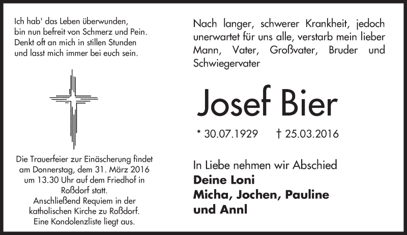  Traueranzeige für Josef Bier vom 30.03.2016 aus trauer.echo-online.de
