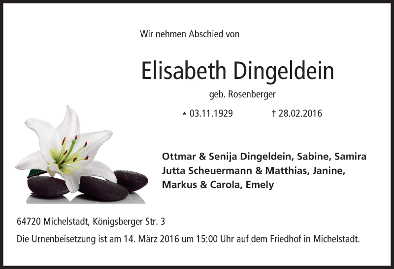  Traueranzeige für Elisabeth Dingeldein vom 12.03.2016 aus trauer.echo-online.de