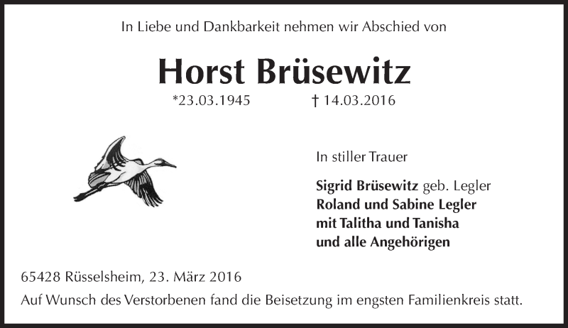  Traueranzeige für Horst Brüsewitz vom 23.03.2016 aus trauer.echo-online.de
