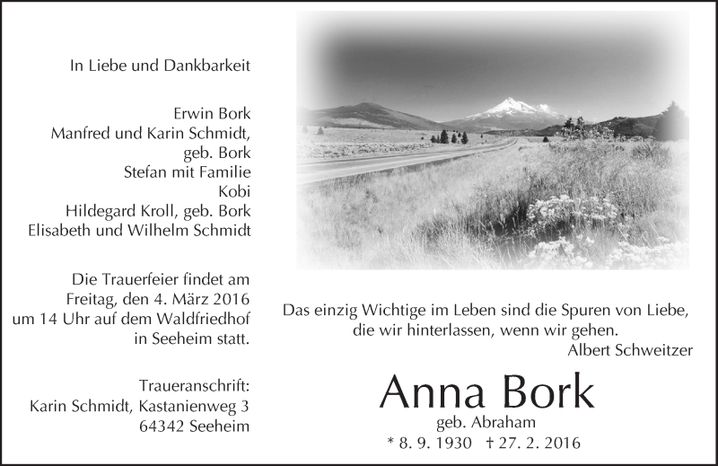  Traueranzeige für Anna Bork vom 02.03.2016 aus trauer.echo-online.de