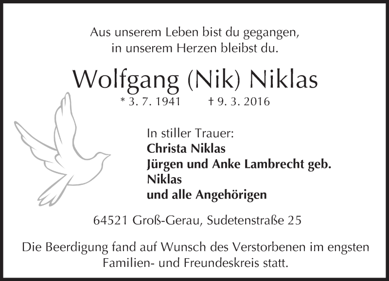  Traueranzeige für Wolfgang  Niklas vom 16.03.2016 aus trauer.echo-online.de