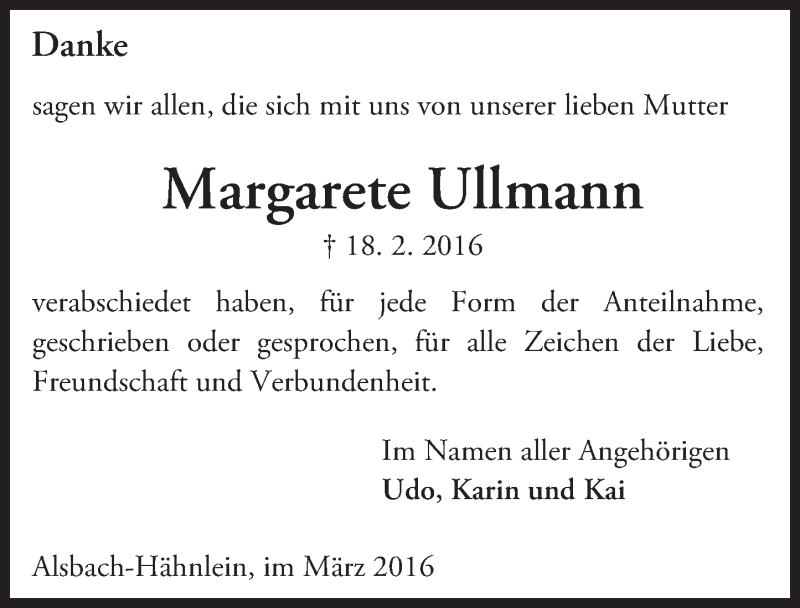  Traueranzeige für Margarete Ullmann vom 12.03.2016 aus trauer.echo-online.de