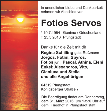 Traueranzeige von Fotios Servos von trauer.echo-online.de